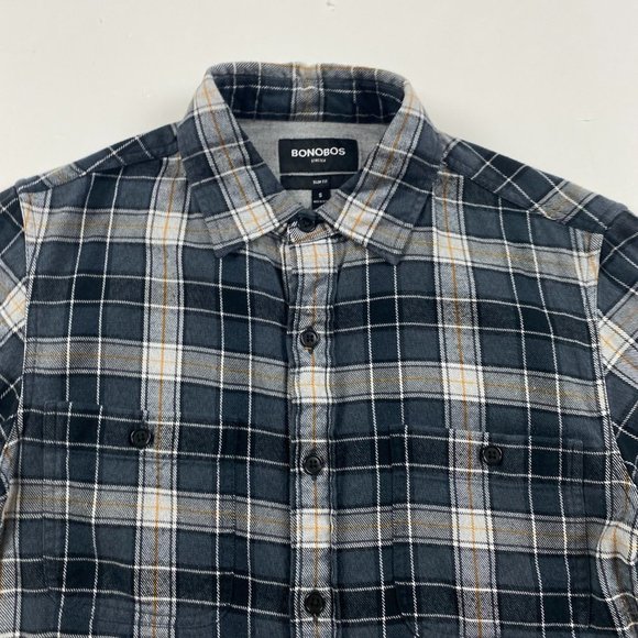 Bonobos Slim Fit Flannel Shirt Men's Small Stretch Gray Black Plaid Check - Picture 2 of 8